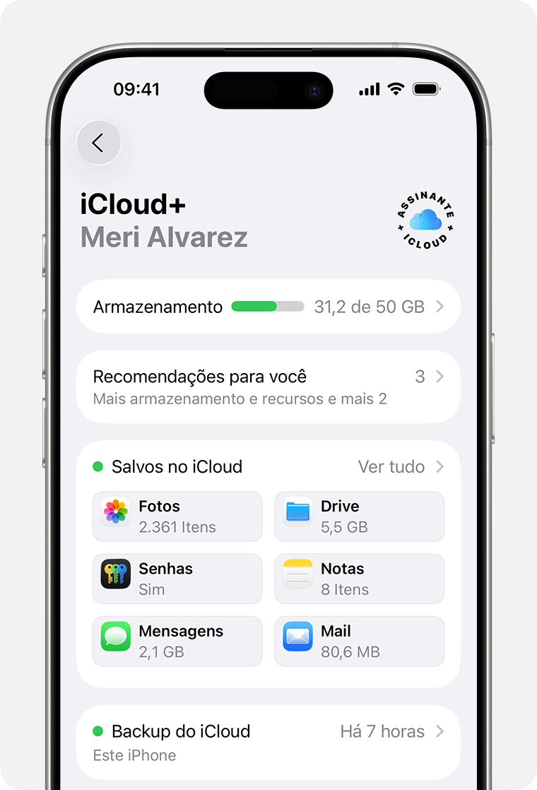 Tela do iPhone mostrando aos ajustes do iCloud. Veja Tudo ao lado de "Salvo no iCloud".