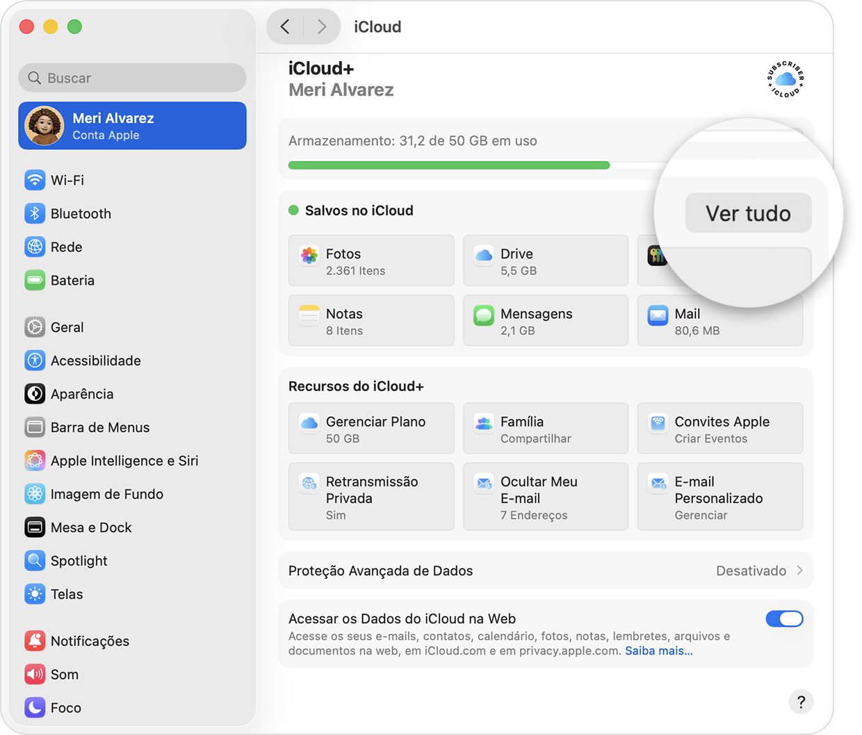 Tela do Mac mostrando os ajustes do iCloud. Veja Tudo ao lado de "Salvo no iCloud".