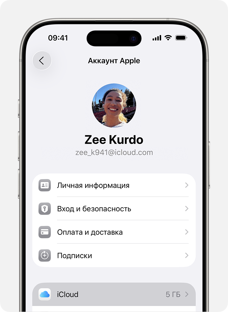 Экран iPhone, на котором отображается выбранный параметр iCloud в разделе «Настройки».
