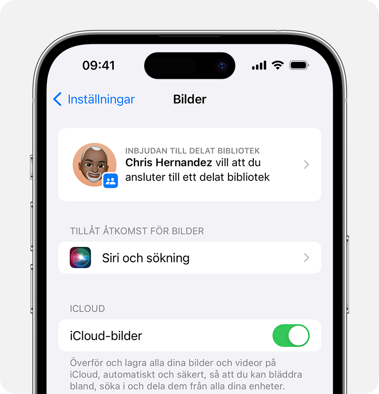 Om du har en inbjudan till ett delat bibliotek finns den i avsnittet Foton i enhetens inställningar. 