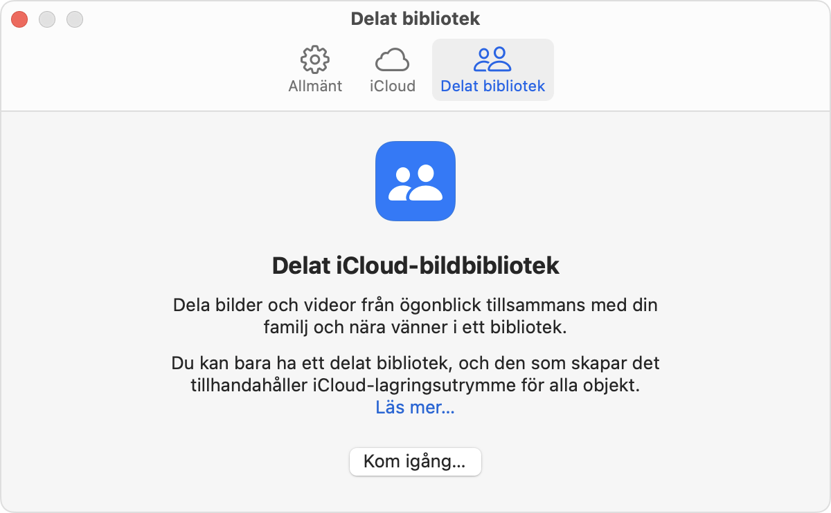 Fliken Delat bibliotek finns intill fliken iCloud.