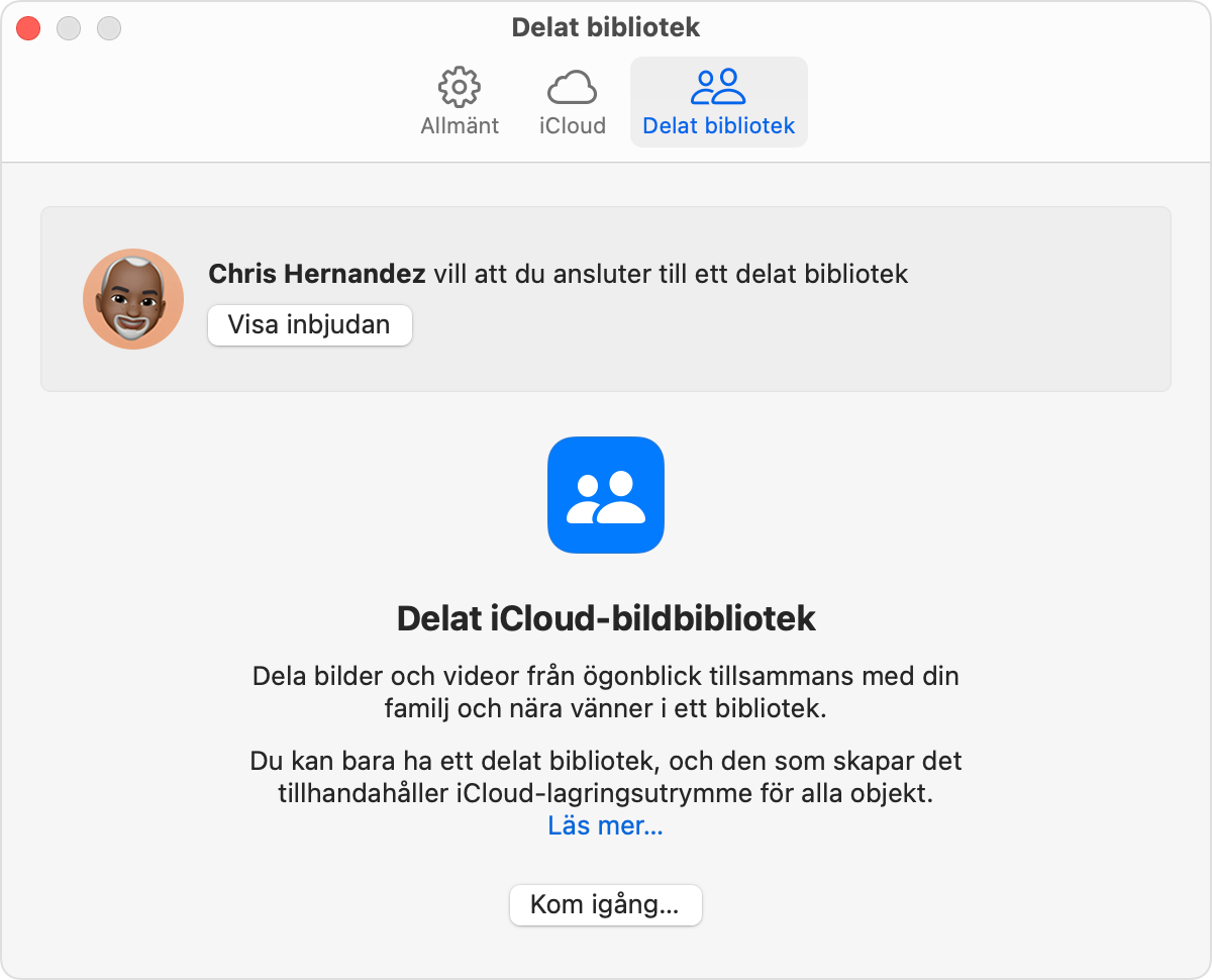 Om du har en inbjudan till ett delat bibliotek finns den i Inställningar i appen Bilder.