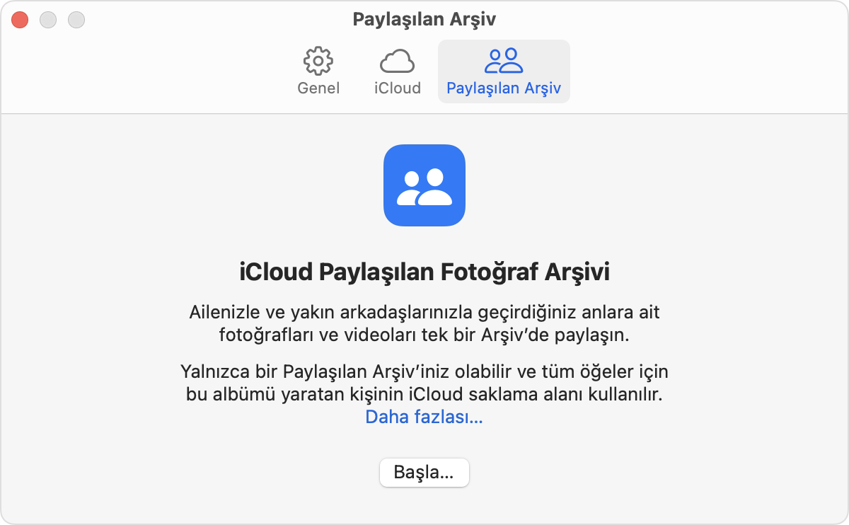 Paylaşılan Arşiv sekmesi iCloud sekmesinin yanındadır.