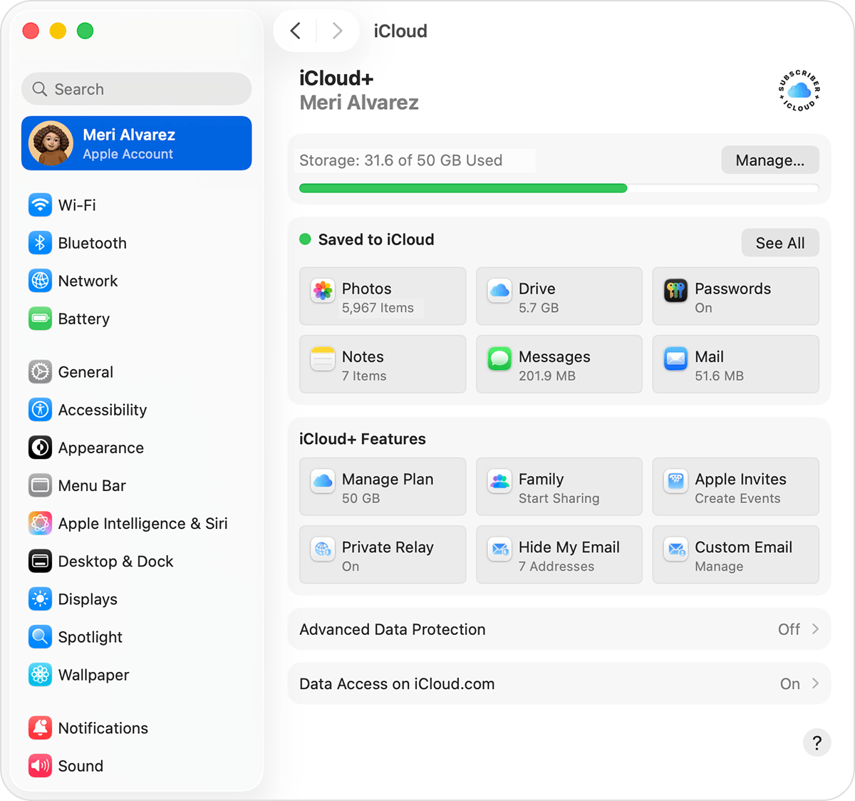 In your iCloud settings on a Mac, storage used is at the top of the menu. Below that is Saved to iCloud, where you can select Photos, Drive, Passwords, and other apps that save data to iCloud.