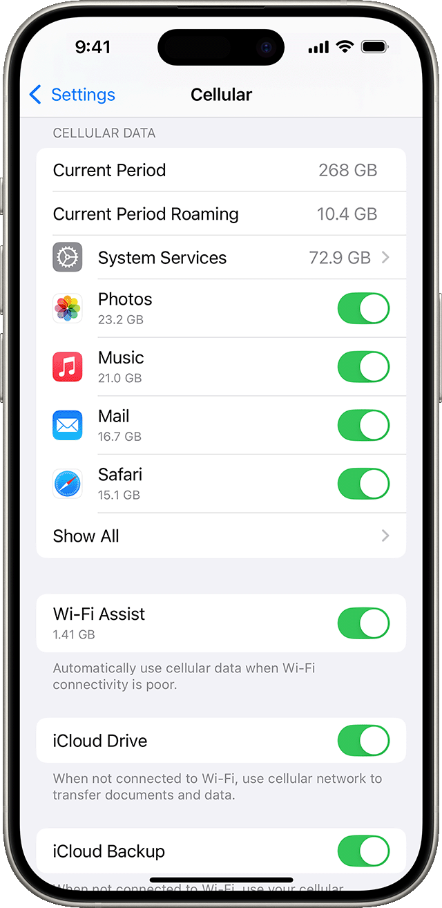 Menu des réglages d’iOS 18 présentant les options cellulaires