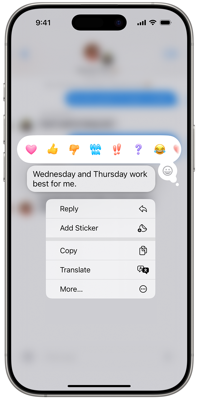 An iPhone showing the inline reply menu after you touch and hold a message bubble to send an inline reply
