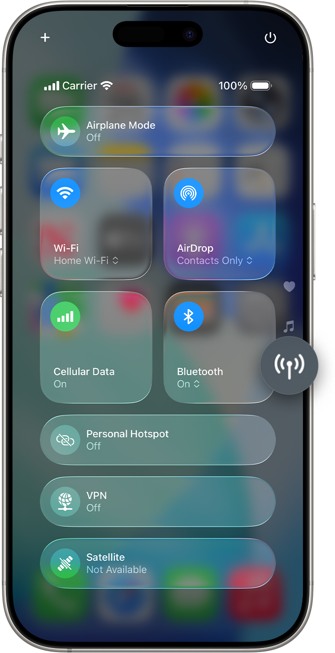 Control Center on iPhone with the Connectivity button magnified on the right side of the screen. The Satellite button at the end of the list.