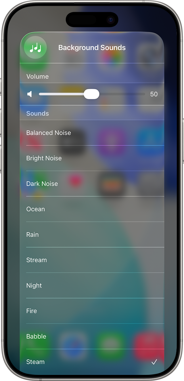An iPhone showing the Background Sounds menu.