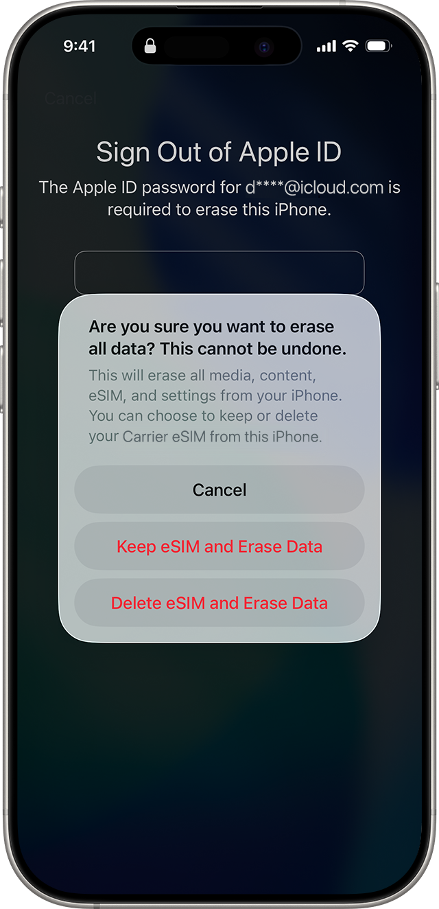 When you go through the process to reset your passcode in iOS 17 and later, you can choose to keep your eSIM or delete your eSIM.