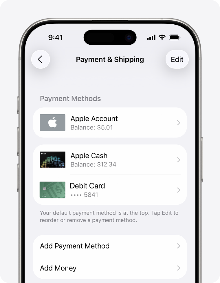 An iPhone screen showing the Payment & Shipping settings for Apple Account. To add a payment method, tap Add Payment Method.