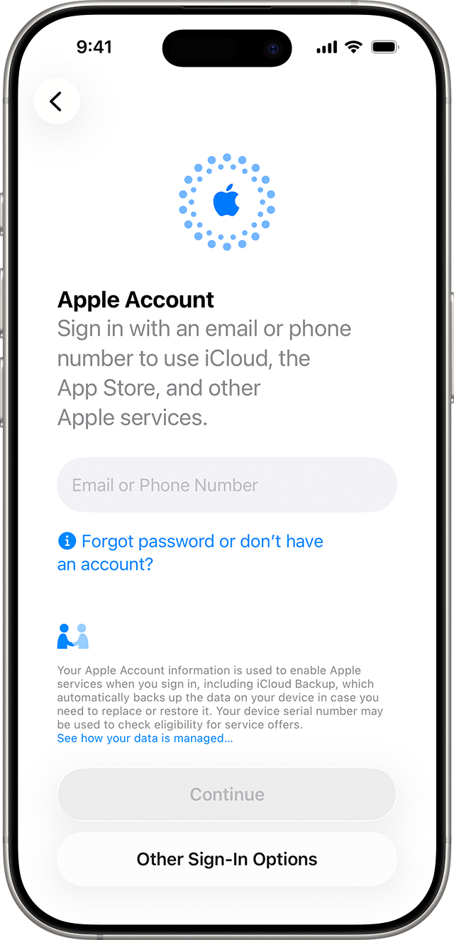 Use your email address or phone number to sign in with your Apple Account during the iPhone set up process in iOS 26.
