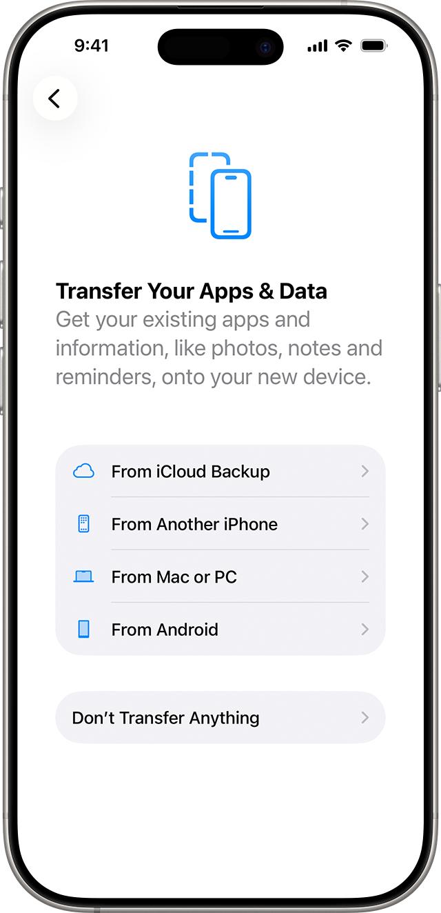 The Transfer Your Apps & Data options when you set up a iPhone in iOS 26.