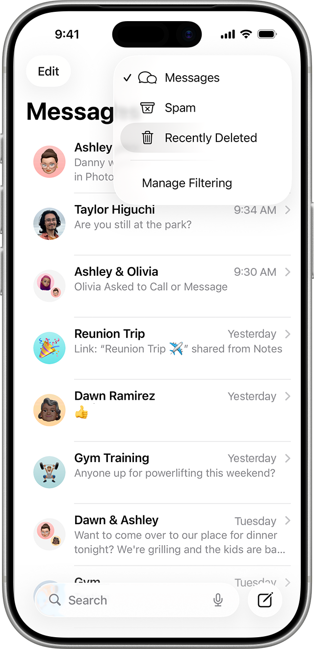 On the conversations page in Messages, tap Edit to find the option to show recently deleted messages.