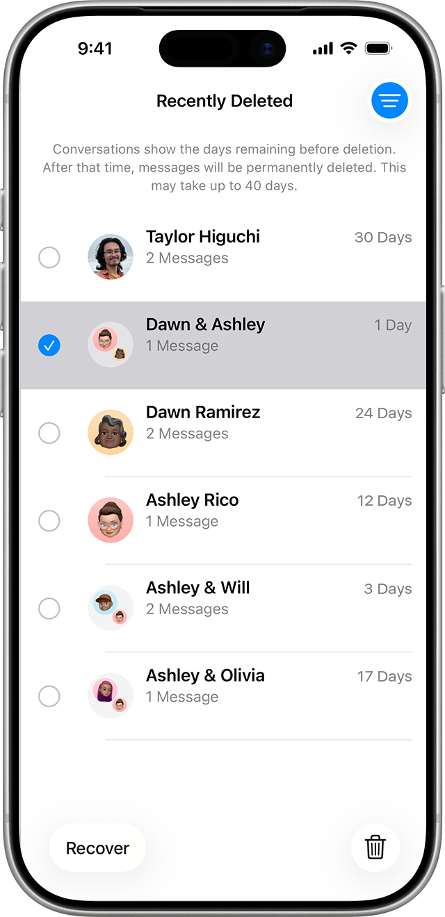 On the Recently Deleted page in Messages, tap the conversation that includes messages you want to recover.