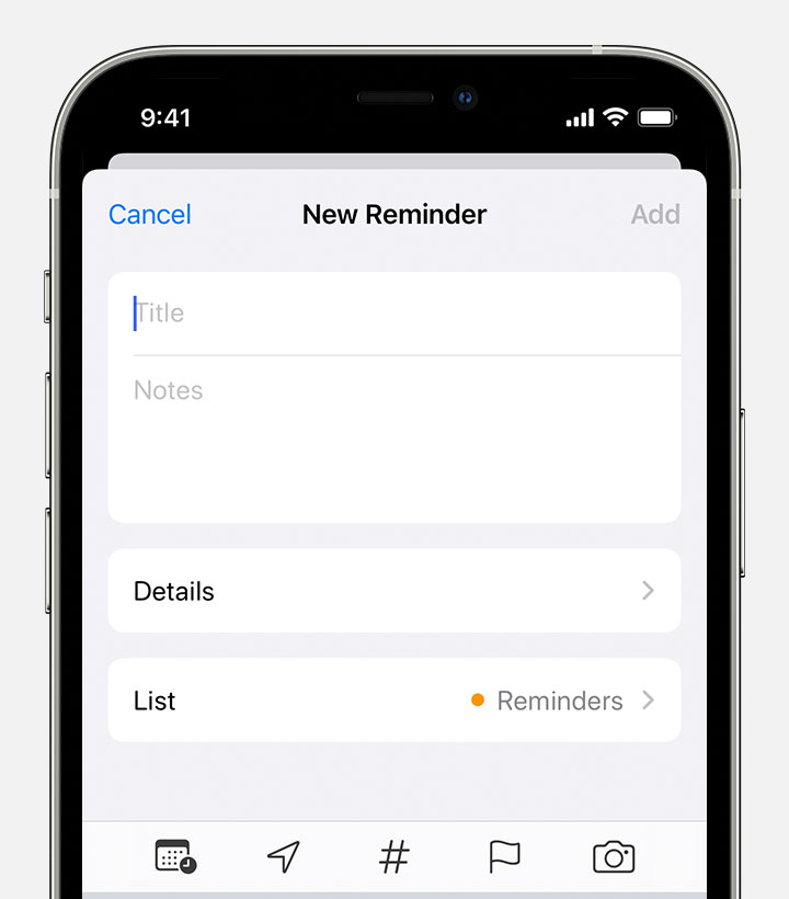 An iPhone showing the New Reminder screen, where you can add a title, notes, and other details to create a reminder.