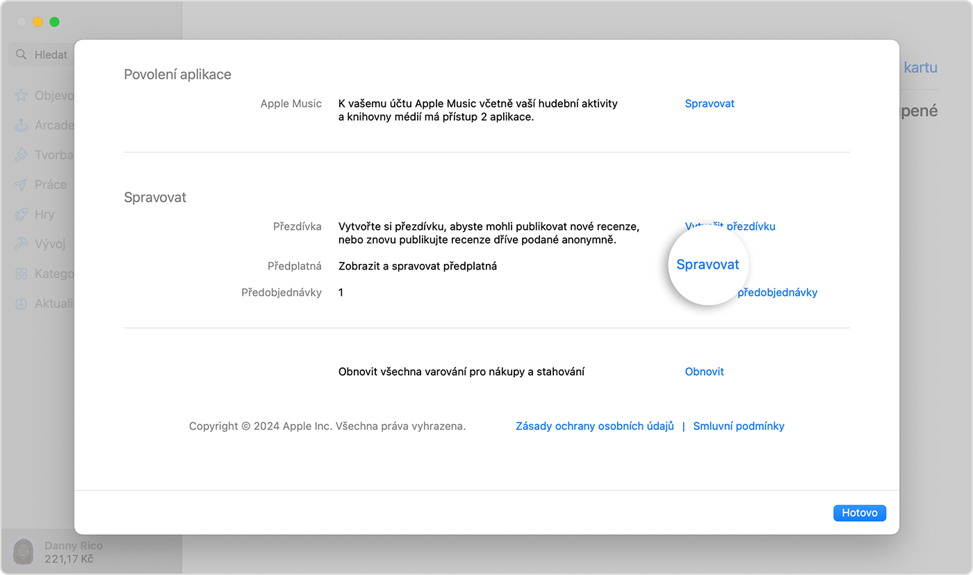 Obrazovka macOS zobrazující nastavení správy předplatných v App Storu. Chcete-li spravovat předplatná, klikněte na Spravovat.