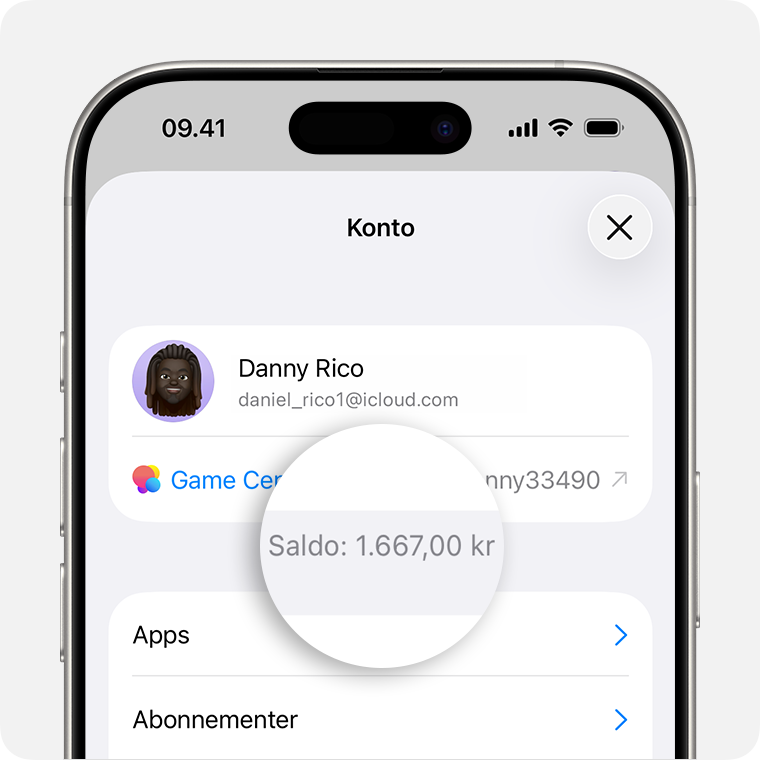 Skærmen Konto i App Store til iOS, hvor kontosaldoen vises.
