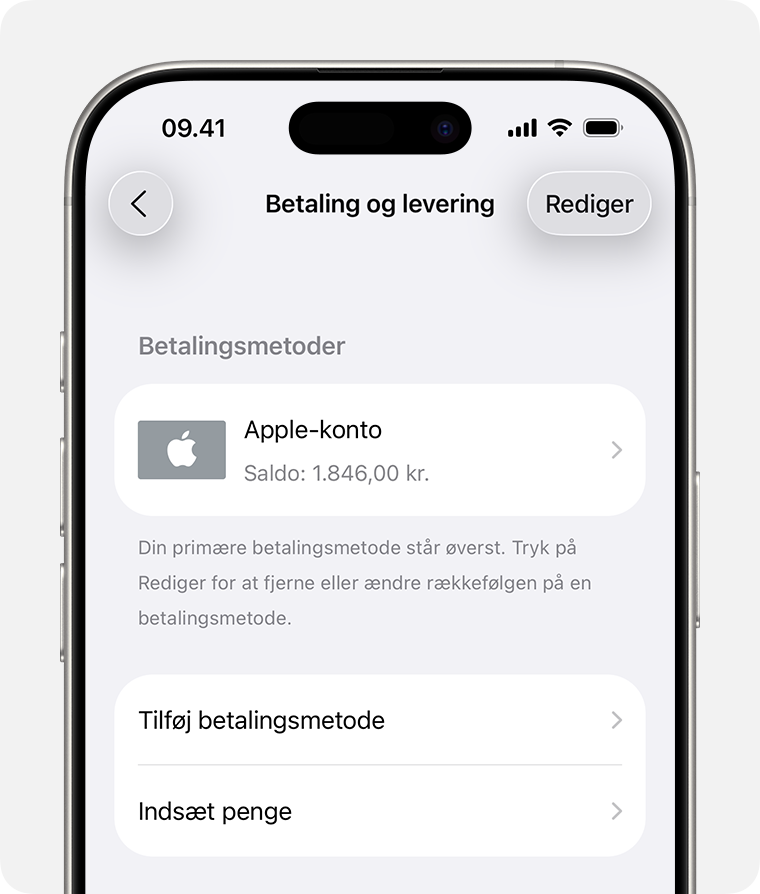 En iPhone-skærm med visning af indstillingerne under Betaling og levering for Apple-kontoen. Hvis du vil tilføje en betalingsmetode, skal du trykke på Tilføj betalingsmetode.
