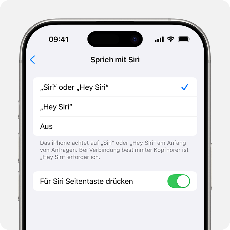 Geöffnetes Fenster„Sprich mit Siri“ und „Siri schreiben“, in dem „Siri“ oder „Hey Siri“ ausgewählt und die Optionen „Für Siri Seitentaste drücken“ und „Siri-Anfragen tippen“ aktiviert sind.
