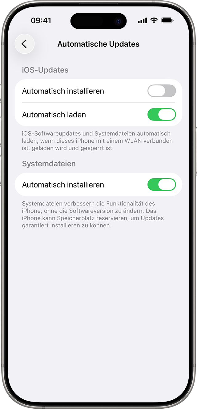 Steuerelemente für die automatische Installation und das automatische Herunterladen von iOS-Updates und Systemdateien.