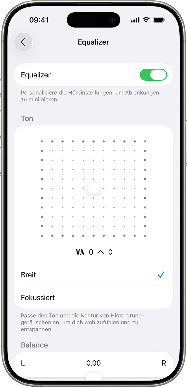 Gehe zu „Bedienungshilfen“ >„ Audio & Visuelles“ > „Hintergrundgeräusche“ > „Equalizer“, um die Equalizer-Einstellungen für Hintergrundgeräusche in iOS 26 zu öffnen.