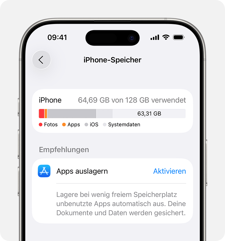 Empfehlung „Unbenutzte Apps auslagern“ in den „iPhone-Speicher“Einstellungen.