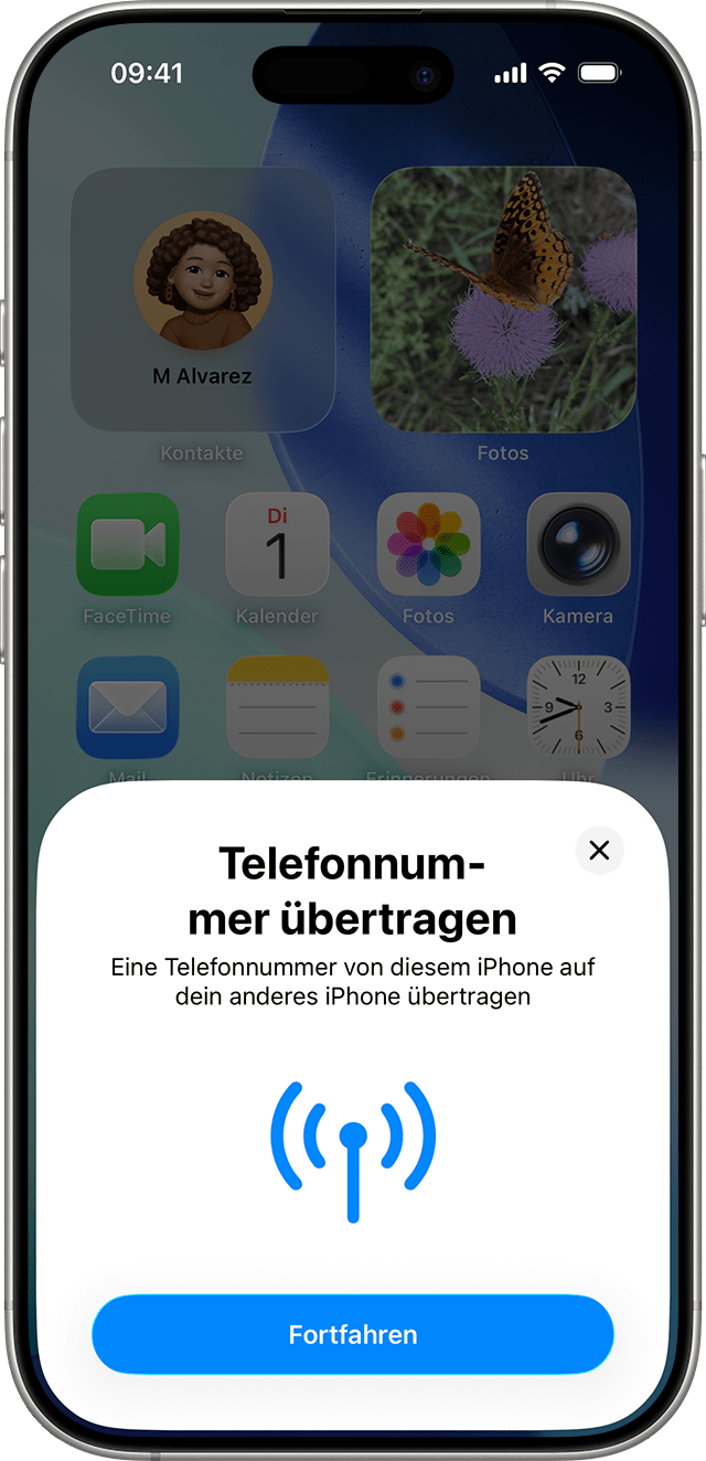 iPhone-Bildschirmfoto zur Einrichtung einer eSIM mit der Option, einen Mobilfunktarif von einem anderen iPhone zu übertragen.