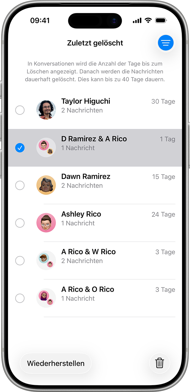 Tippe auf der Seite „Zuletzt gelöscht“ in der Nachrichten-App auf die Konversation, für die du Nachrichten wiederherstellen möchtest.
