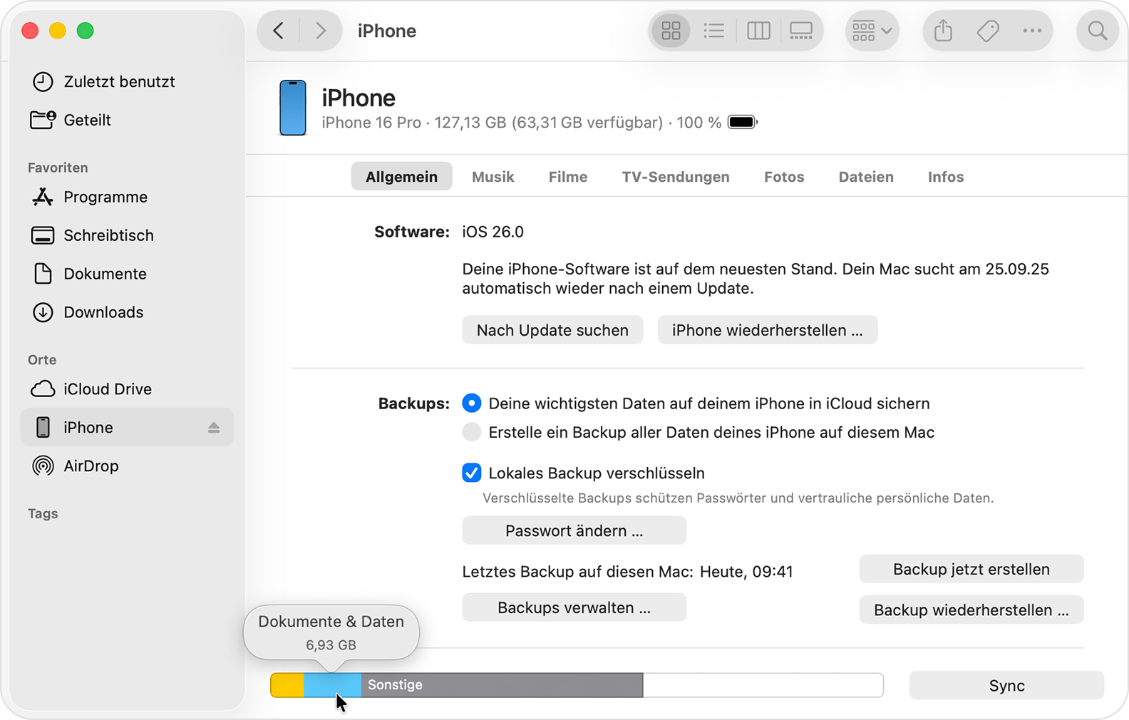 Cursor, der sich über einer Speicherkategorie im Finder befindet.