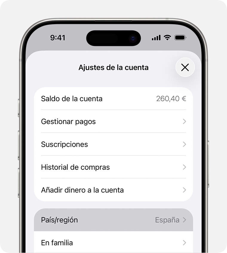 iPhone que muestra el país/la región en Ajustes de la cuenta.