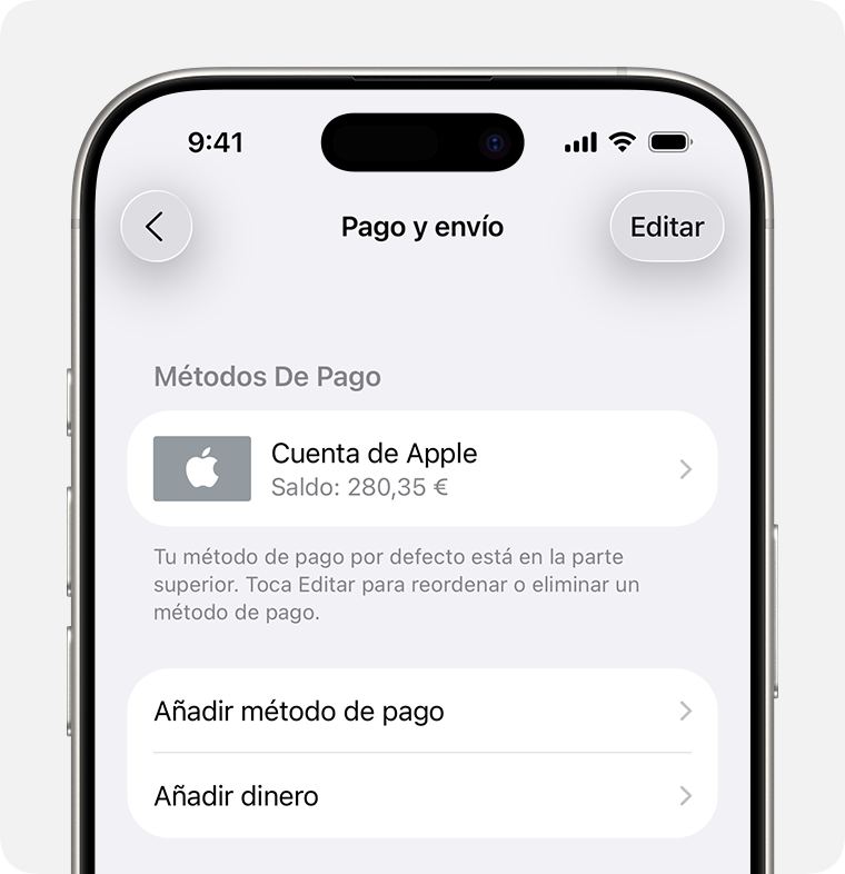 Una pantalla de iPhone que muestra los ajustes de pago y envío de la cuenta de Apple. Para añadir un método de pago, toca «Añadir método de pago».