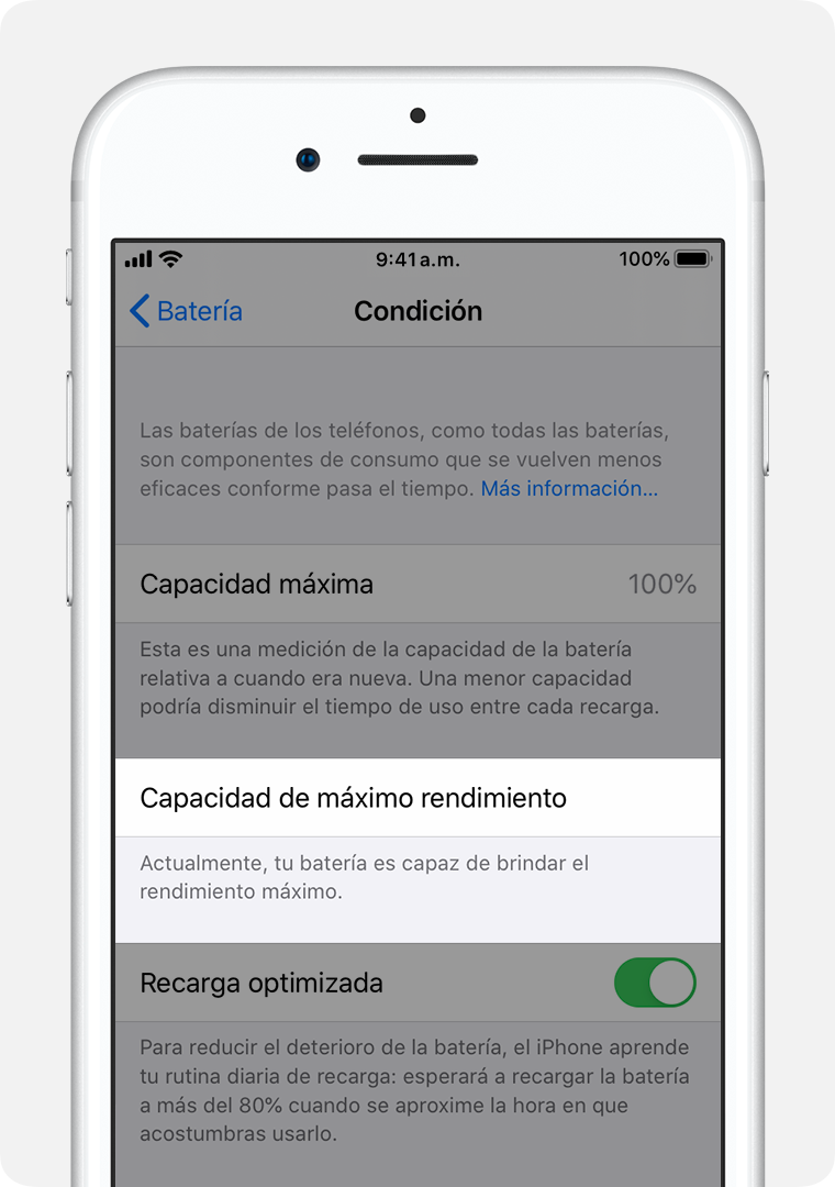 La pantalla Estado de la batería con la capacidad de máximo rendimiento resaltada.