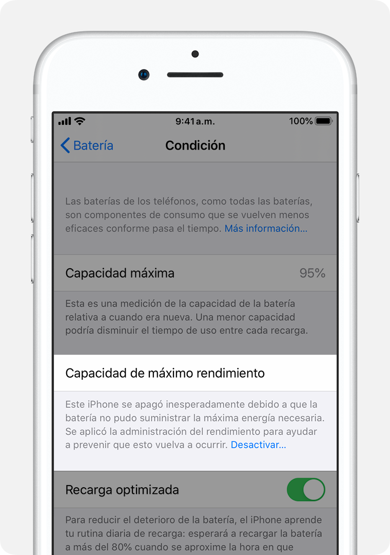 La pantalla Estado de la batería con la capacidad de máximo rendimiento resaltada.