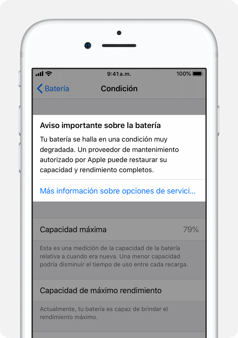 La pantalla Estado de la batería con el aviso importante sobre la batería resaltado.