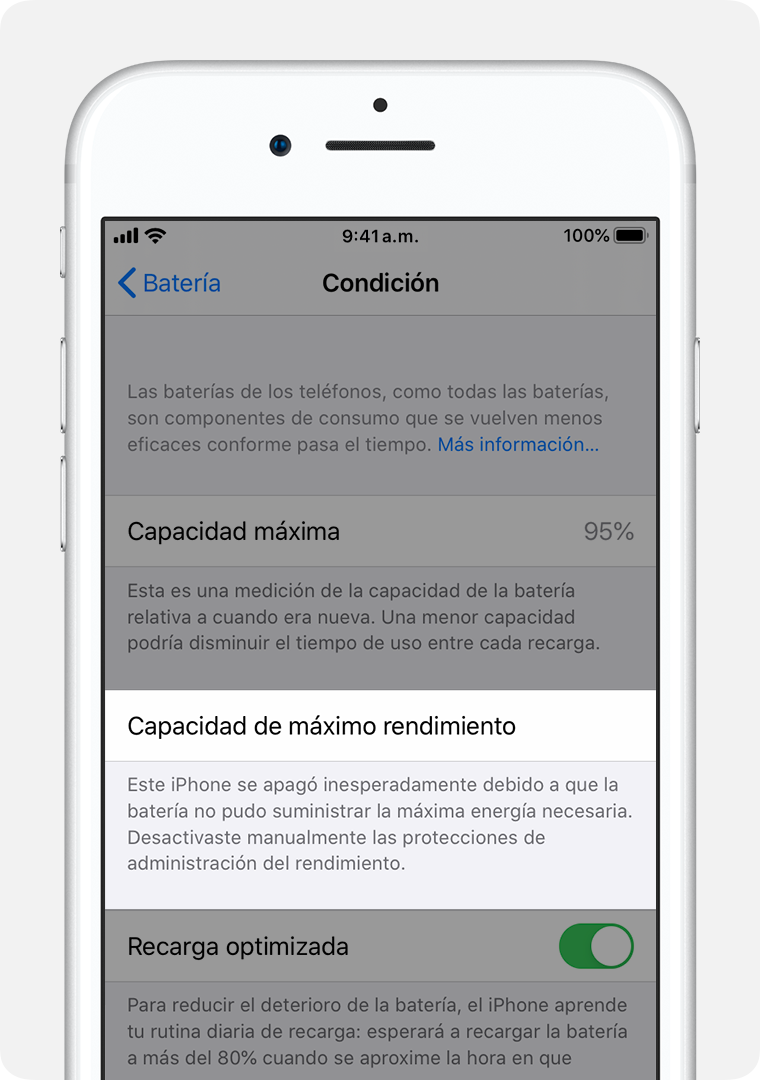 La pantalla Estado de la batería con la capacidad de máximo rendimiento resaltada.