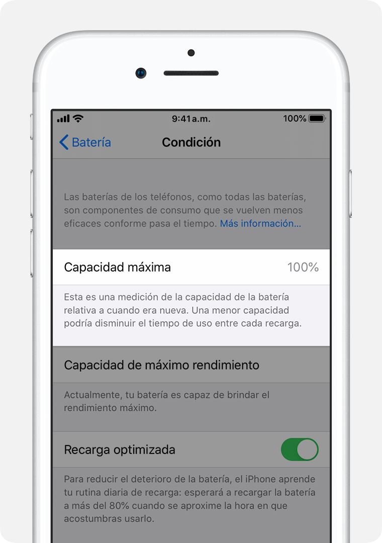 La pantalla Estado de la batería con la capacidad máxima resaltada.