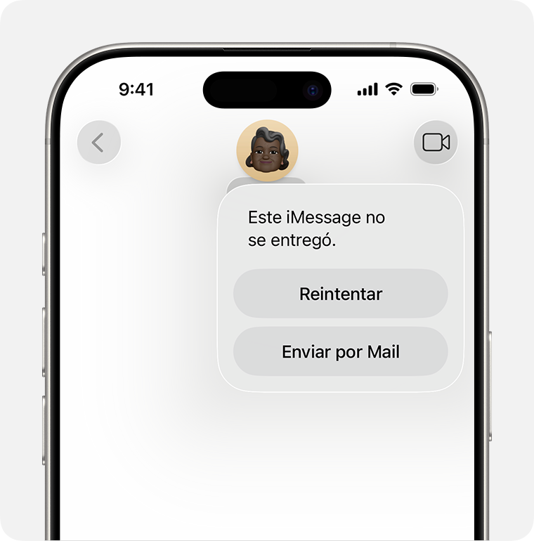 Cuando iMessage no puede entregar un mensaje, aparece un signo de exclamación rojo, y tienes la opción de volver a intentarlo o enviarlo como mensaje de texto.