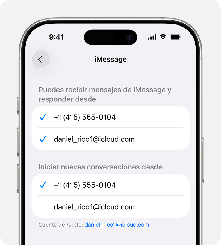En Configuración > Apps > Mensajes > Enviar y recibir, puedes elegir si deseas enviar mensajes desde tu número de teléfono o tu dirección de correo electrónico de forma predeterminada.
