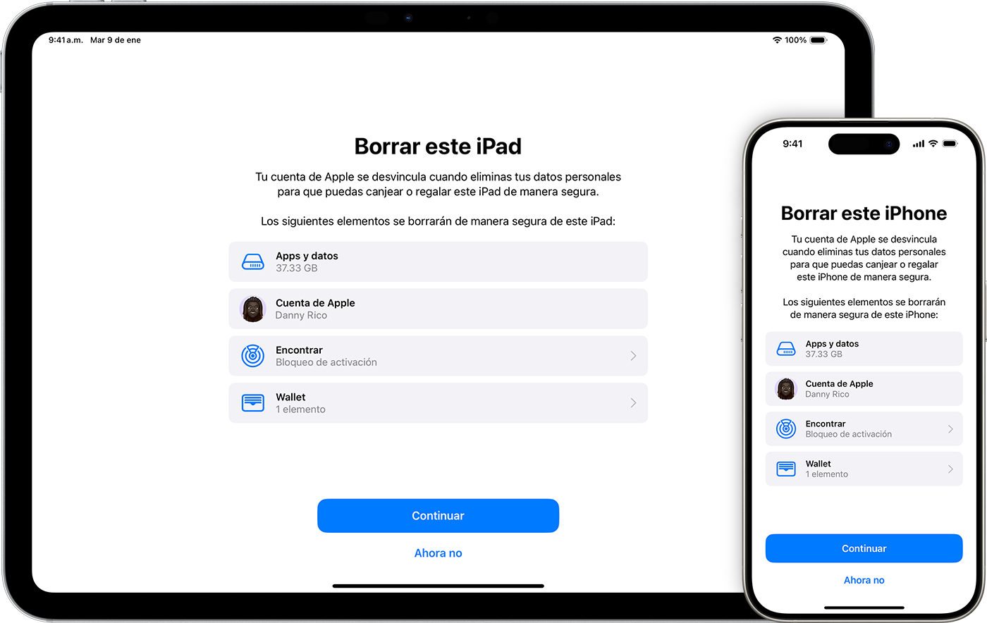 Un iPad y un iPhone en los que se muestran los elementos que se eliminan si borras el dispositivo.