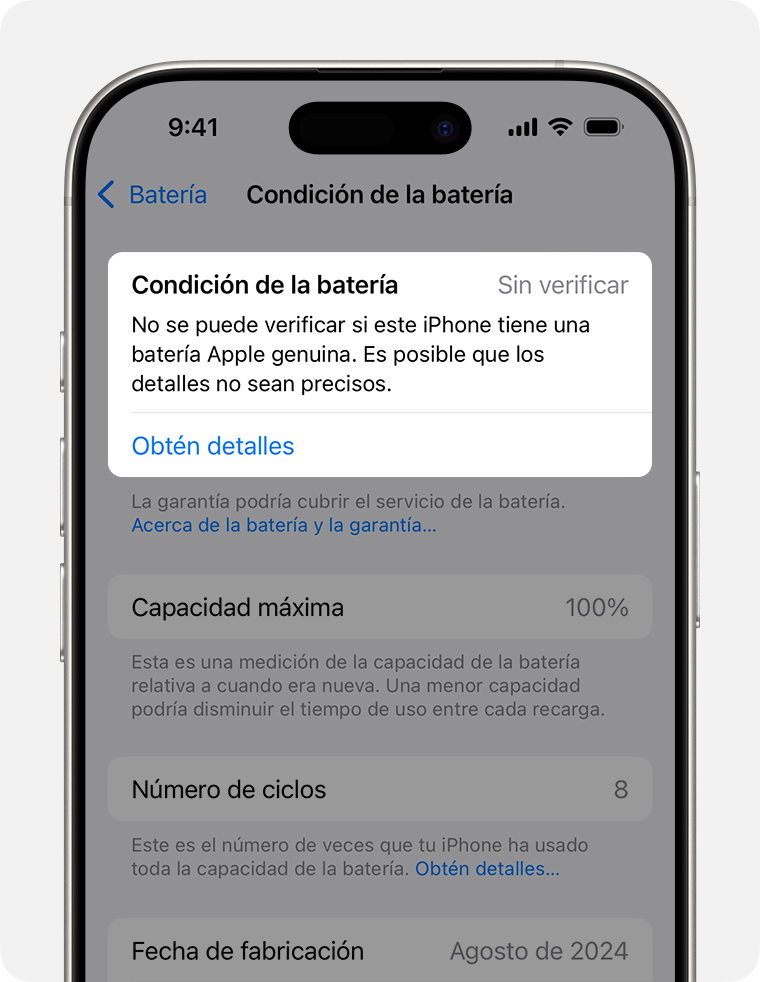 La pantalla Estado de la batería con la sección Estado de la batería resaltada.
