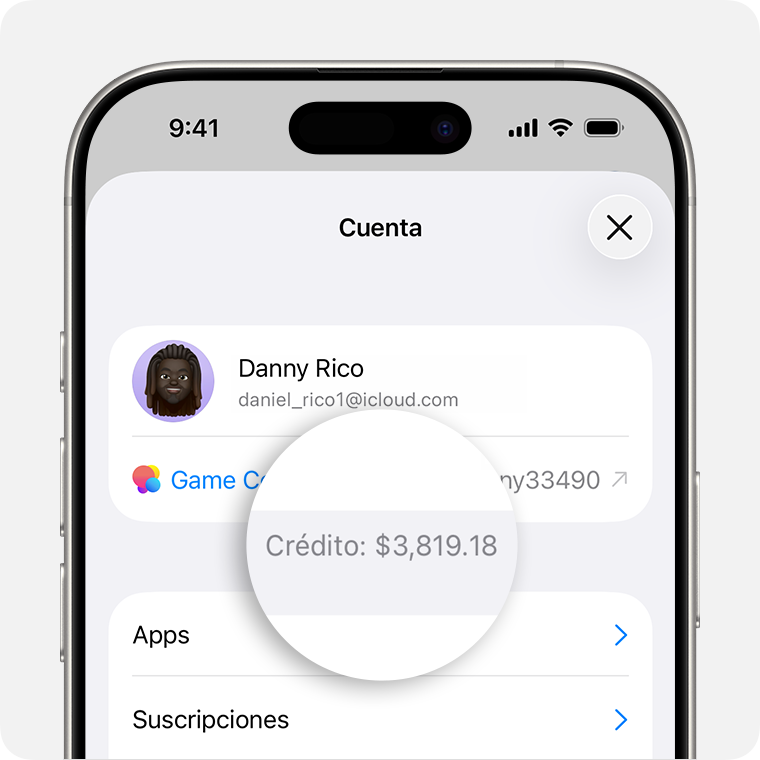La pantalla Cuenta en App Store de iOS, con el saldo de la cuenta en pantalla.