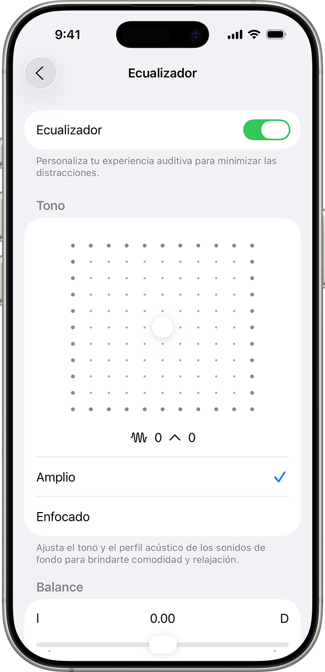Ve a Accesibilidad > Audio y visual > Sonidos de fondo > EQ para encontrar la configuración del Ecualizador (EQ) para Sonidos de fondo en iOS 26