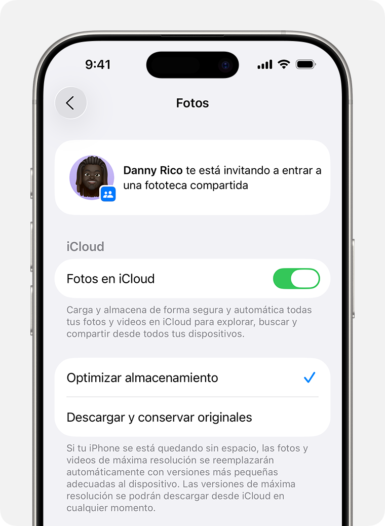 Si tienes una invitación a la Fototeca compartida, puedes encontrarla en la parte superior de la sección Fotos de la configuración del dispositivo, en “Invitación a Fototeca compartida”.