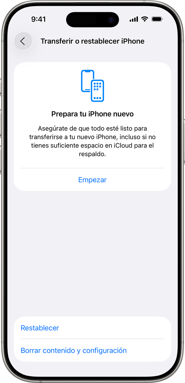 Pantalla Transferir o restablecer iPhone con el botón Borrar contenido y configuración.