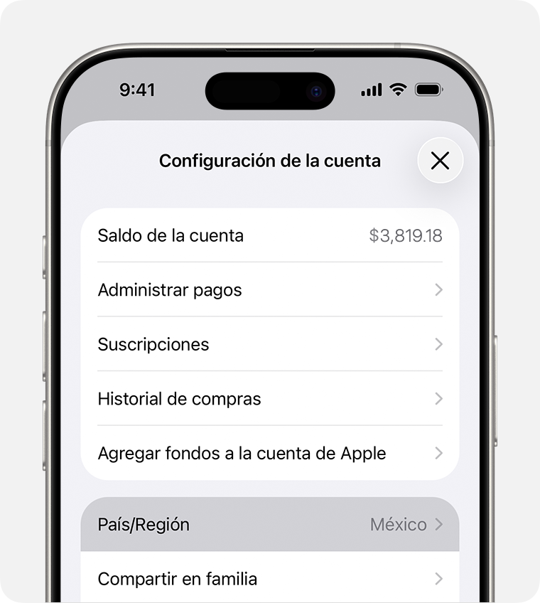 iPhone en el que se muestra País/región en Configuración de la cuenta.