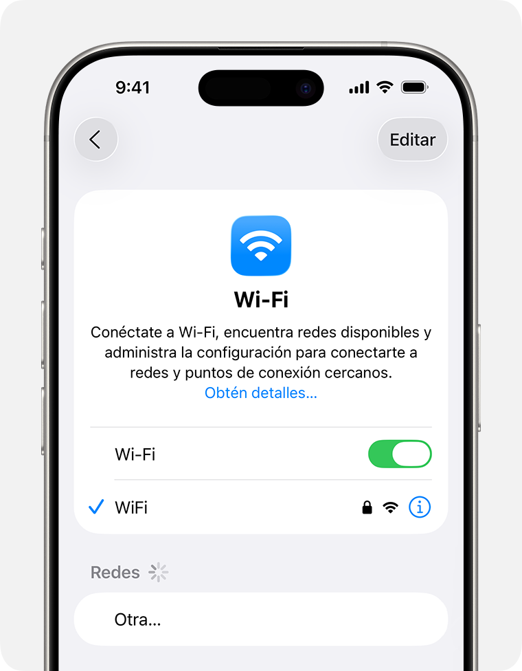 Un iPhone en el que se muestra la configuración de Wi-Fi con una red Wi-Fi activada y una marca de verificación azul junto a Wi-Fi Secure (Seguridad de Wi-Fi).