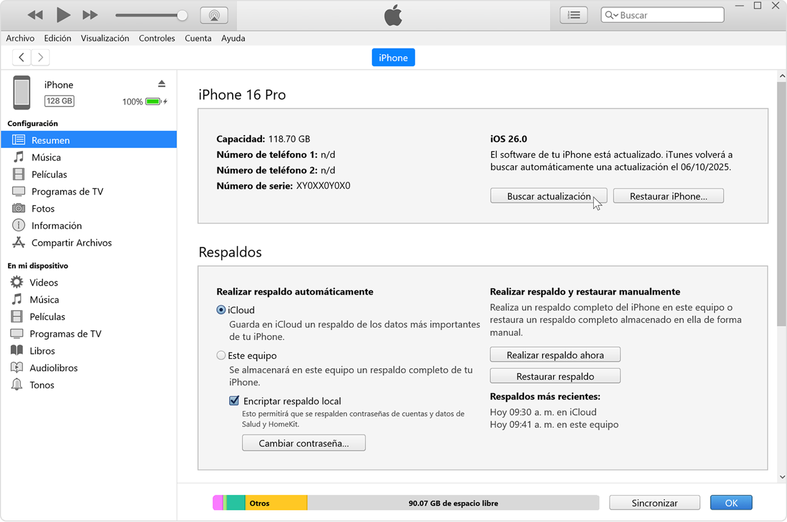 Cursor sobre el botón Buscar actualización en la pestaña Resumen de iTunes.