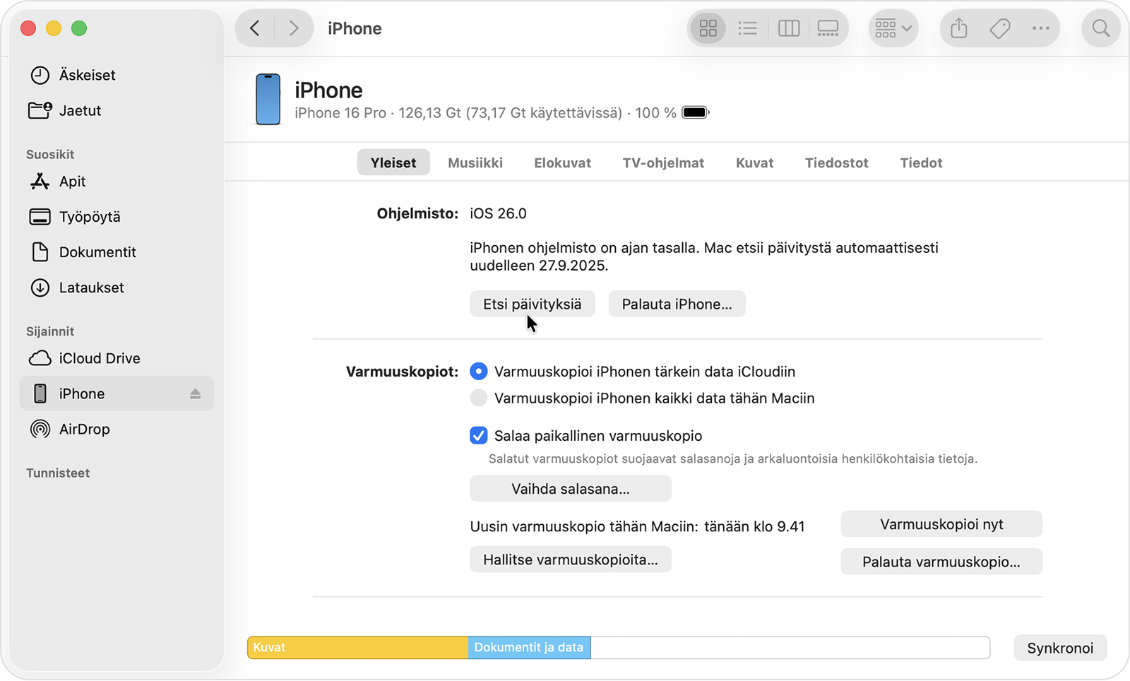 Osoitin liikkuu Finder "Tarkista päivitys" -painikkeen päällä.