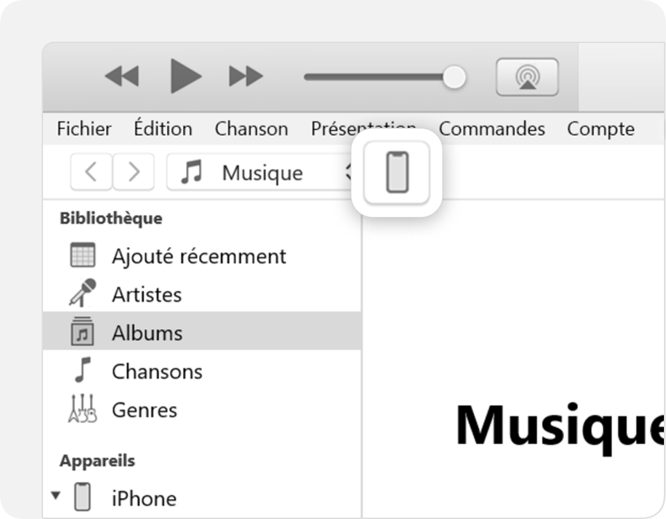 Une icône iPhone dans la barre d’outils iTunes.