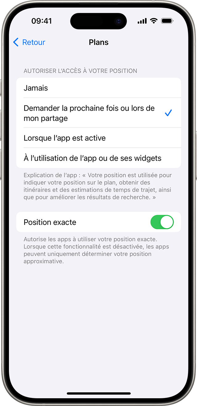 Lorsque vous désactivez Position exacte, vous ne partagez que votre position approximative avec l’app sélectionnée.
